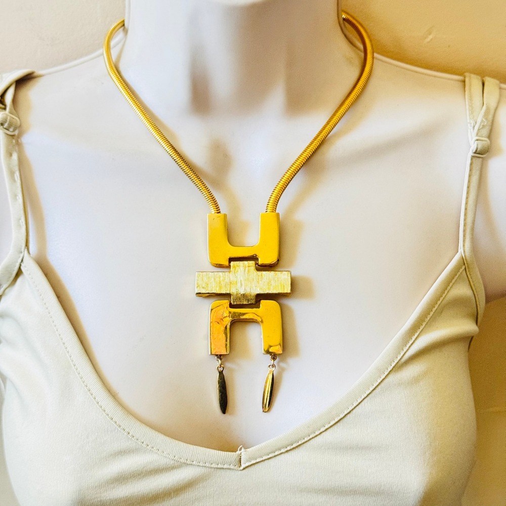 Tortolani Crislu Necklace VTG Statement Modernist Brutalist Gold Tone MCM 1960s